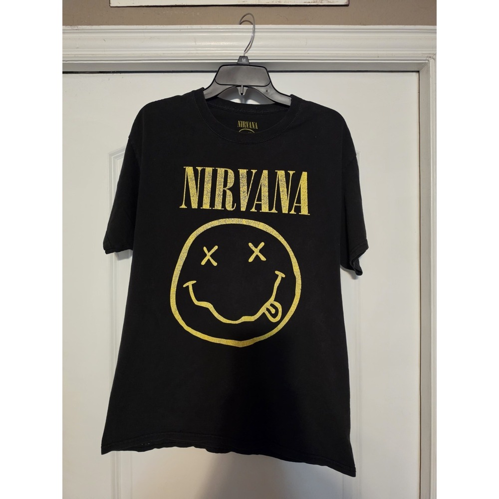 Nirvana Kurt Cobain Grunge Smiley Face Logo Men's Large Band Tee Shirt